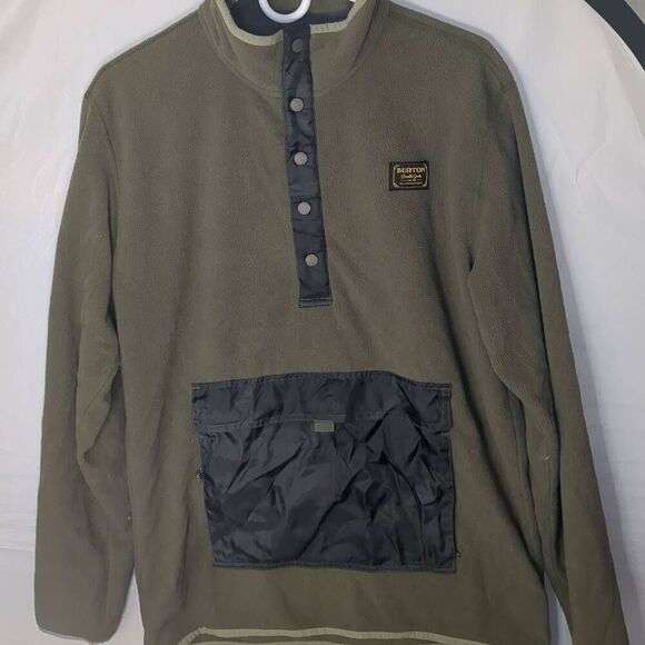 Burton Hearth Anorak Kangaroo Quarter Button Fleece Olive Camo Trim DryRide Swea - Picture 3 of 14